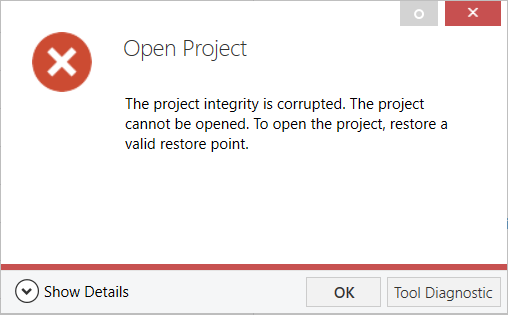ETS5 window Open Project: The project integrity is corrupted. The project cannot be opened. To open the project, restore a valid restore point.